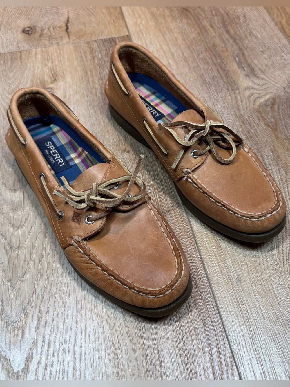 Sperry Authentic Original Leather Boat Shoes Sahara Tan Plaid Insole Women's 8.5